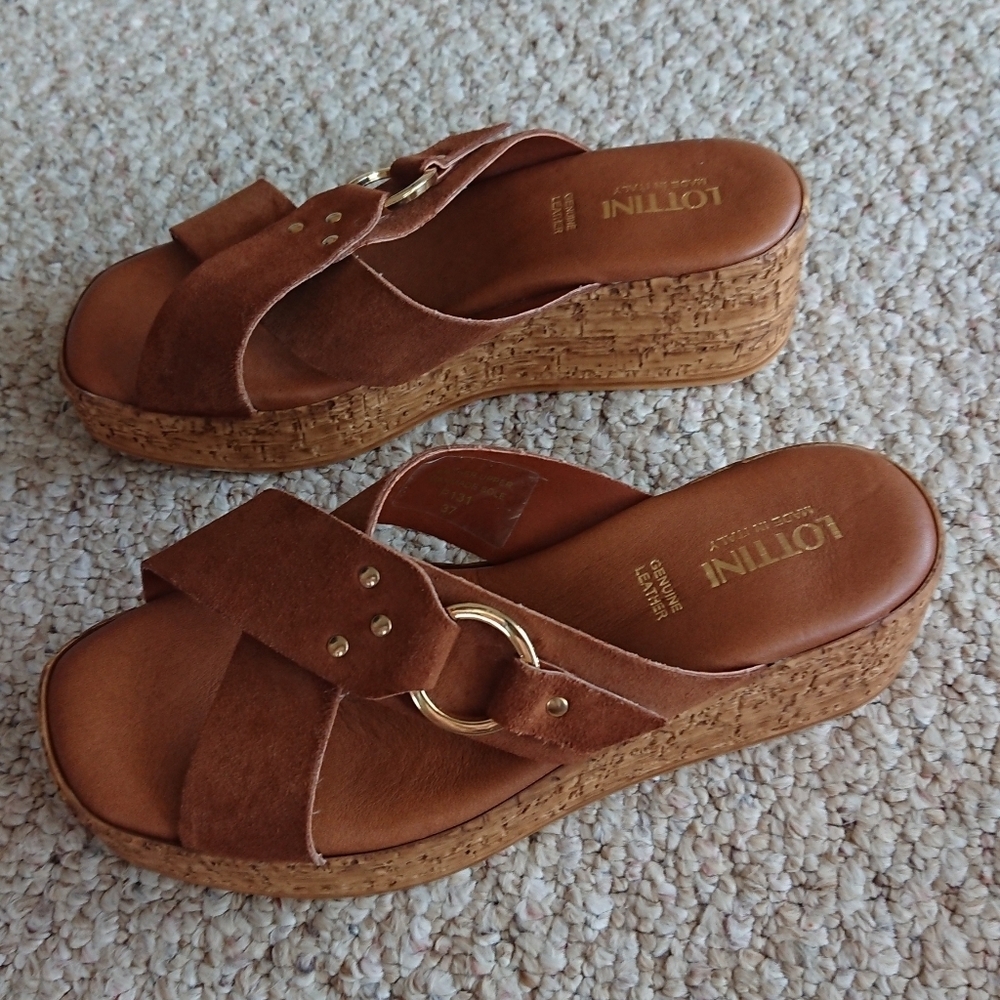LOTTINI Made In Italy Suede Cross Band with Buckle Cork Wedge Slide size 6.5
